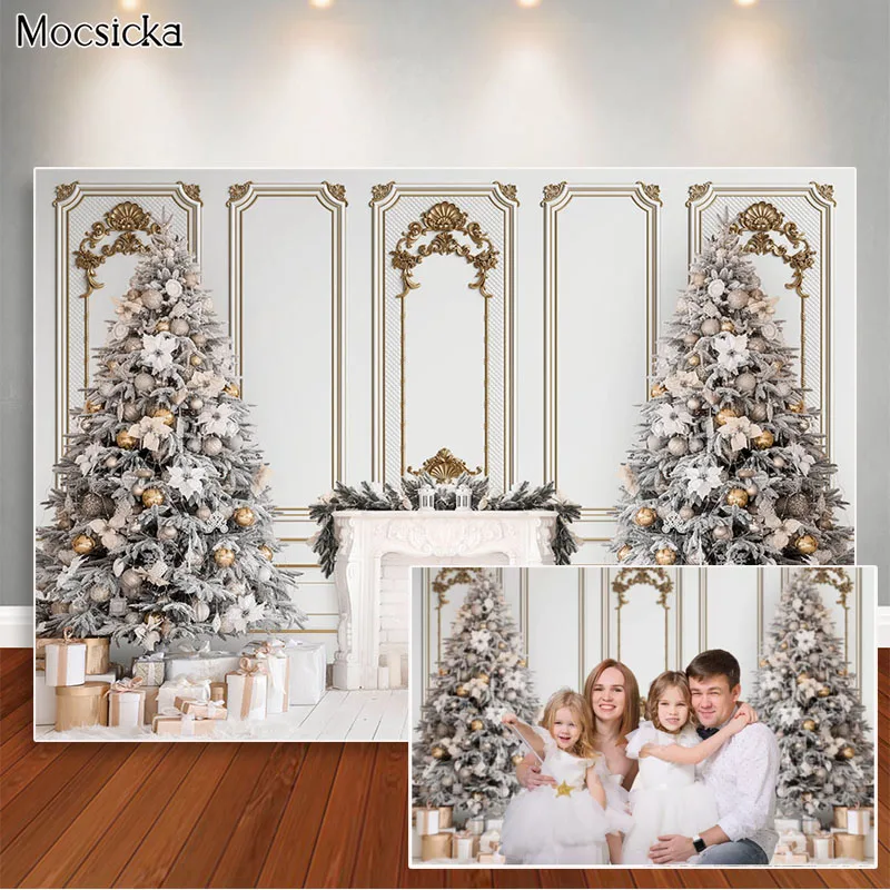 

Retro Christmas Room Backdrops for Photography White Xmas Tree Fireplace Decor Professional Photo Props Studio Booth Background