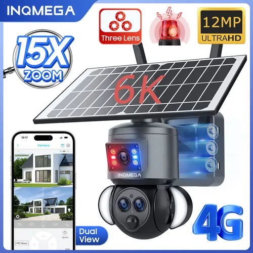 INQMEGA 12MP 6K 4G /WIFI ソーラー屋外監視カメラ 15X ズーム 3 レンズデュアルビューナイトビジョン警報ヤードセキュリティカメラ