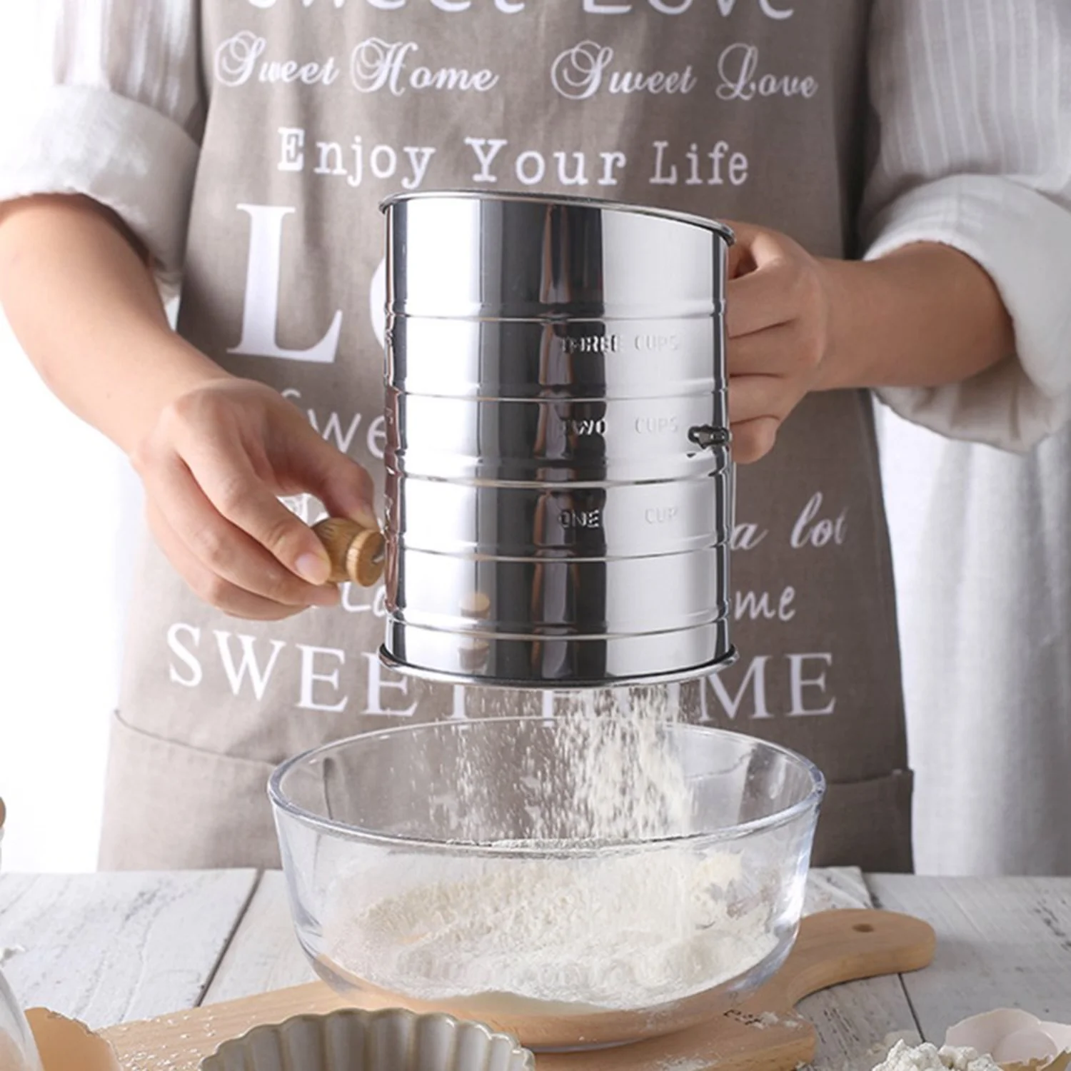 Stainless Steel Flour Sifter with Fine Mesh Rotary Hand Crank and Agitator Wire Loop - Ideal for Quick Sifting of Baking Flour a