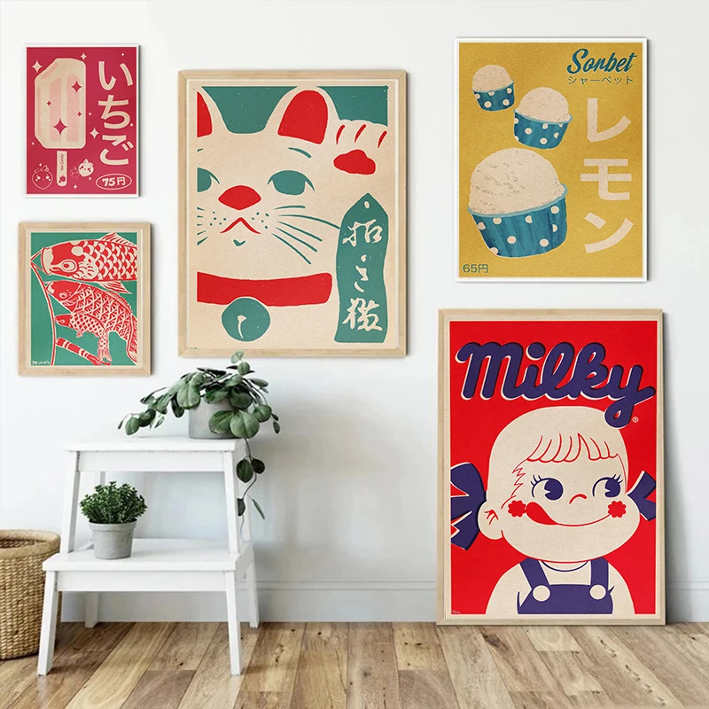 Kawaii Japanese Food Pop Art Milk Lucky Cat Matcha Vintage Poster Canvas Painting Wall Pictures Home Kitchen Shop Decor Gift