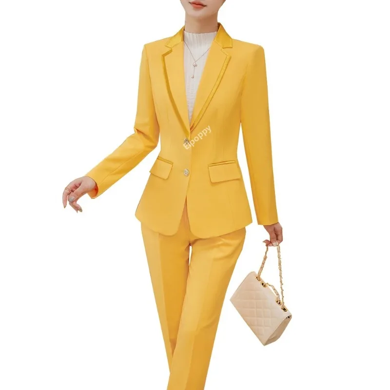 

2024New Fashion Ladies Pant Suit Women Yellow Black Khaki Female Business Work Wear Jacket and Trouser Formal 2 Piece Set Blazer