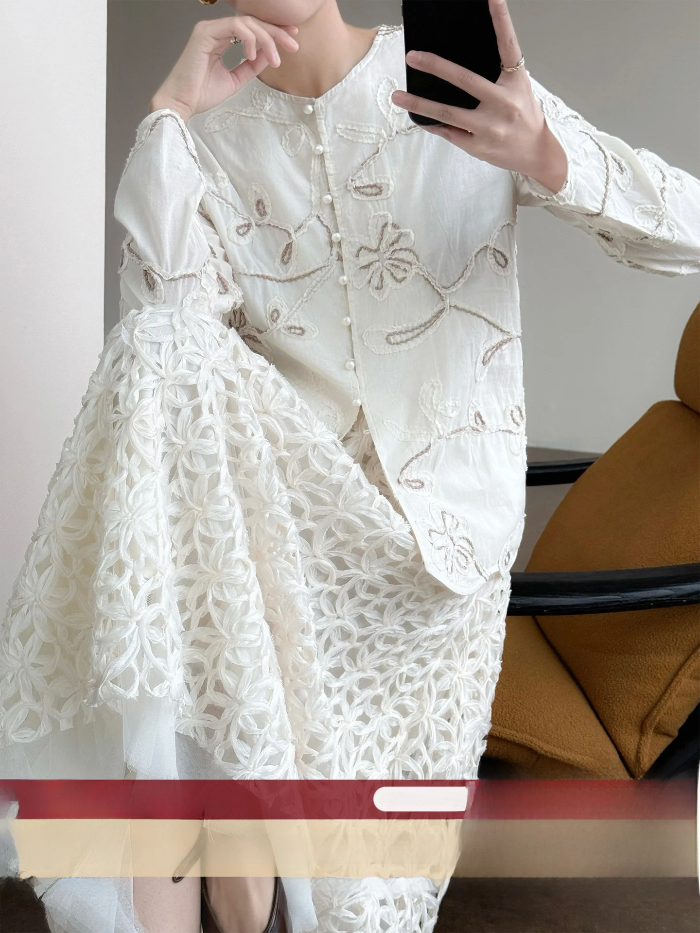 

WANGER Spring 2026 Women's Cotton Casual Fit Long Sve round Ne irt Embroidered Pearl Button up Stand up Top