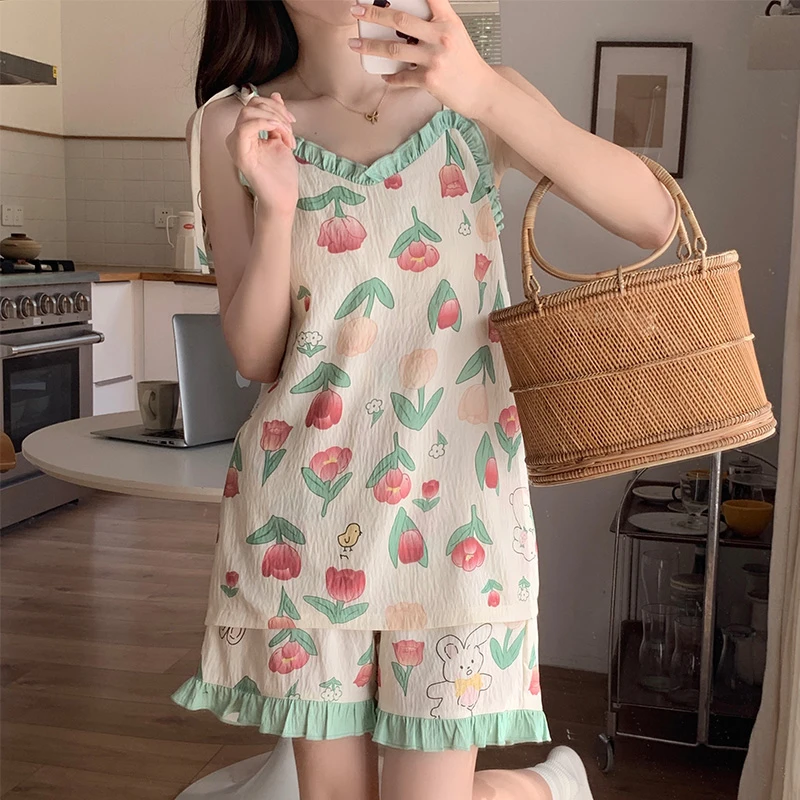 CHENGAISI Cute Print Pajama Suit Thin Sleepwear Casual Loungewear Cotton Nightie Set Summer  Nightgowns Suspender Sleep Shirts