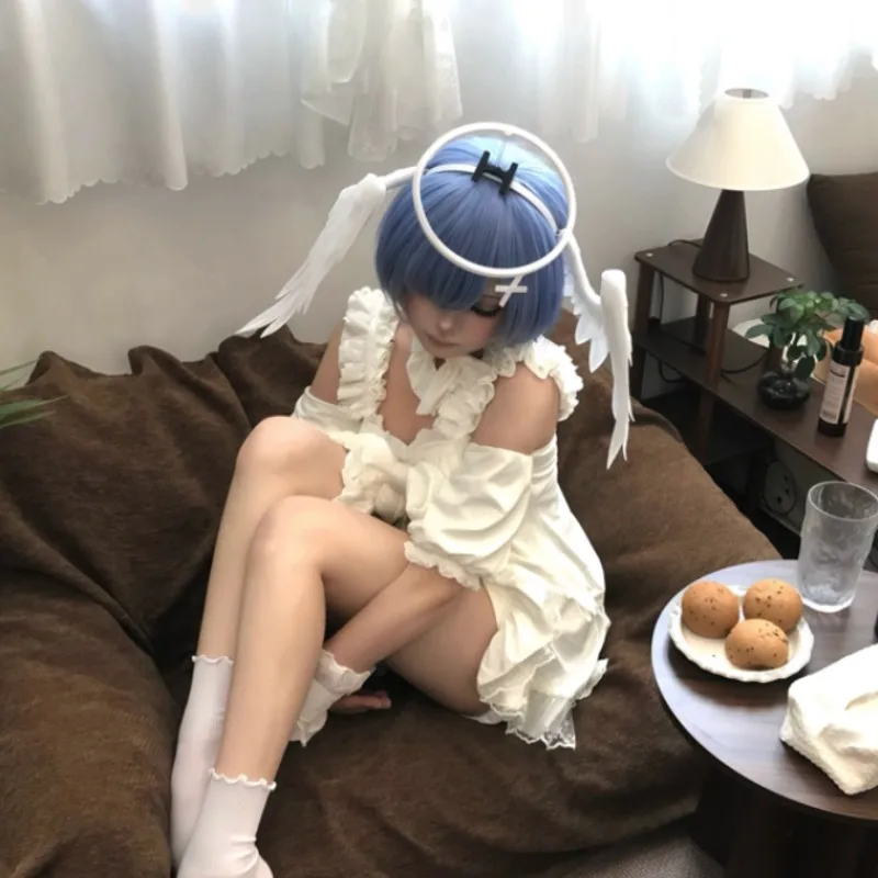 Ram Rem ReZero 코스프레 의상 흰색 잠옷 스위트 엔젤 파자마 레이스 트림 프릴 밑단 여성용 컨벤션