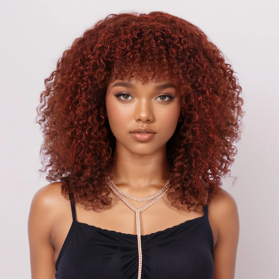 

Choice Short Afro Kinky Curly Wig With Bangs Brazilian Reddish Brown Glueless Full Machine Wig 250 Density 100% Human Hair