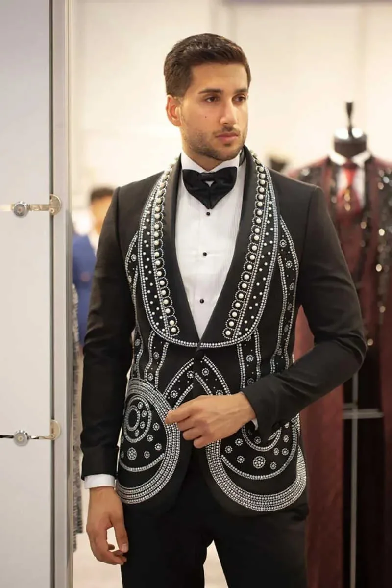 Amazing Groom Wedding Tuxedos Crystal Sequins One Button Shawl Lapel Men 2 Pieces Jacket Pants Business Banquet Party Customized