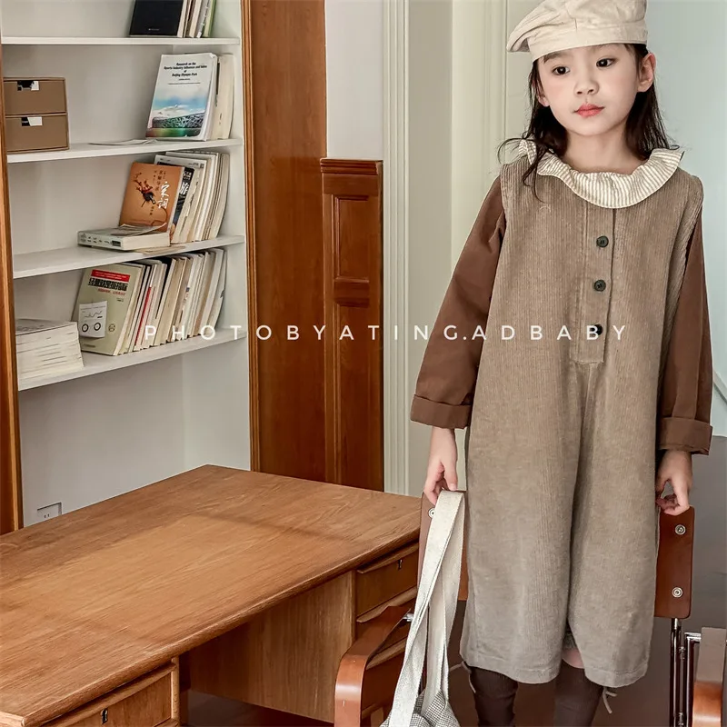 2024 Autumn New Children Loose Strap Trousers Boys Girls Corduroy Overalls Casual Pants Toddler Baby Solid Jumpsuit Kids Clothes