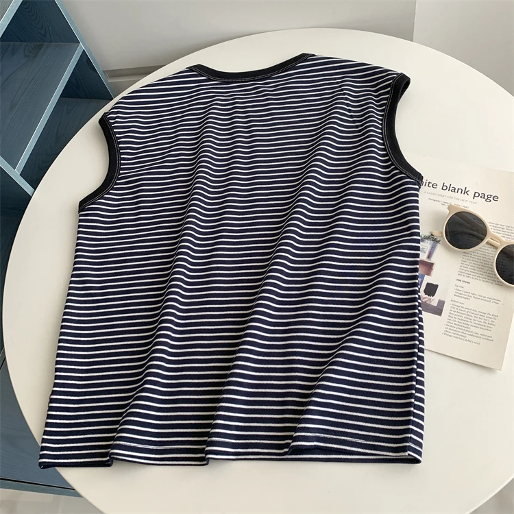 Retro Blue Penguin Embroidery Svel Striped T-irt Lightweight round Ne Summer Top for Women Breathable Cotton Blend