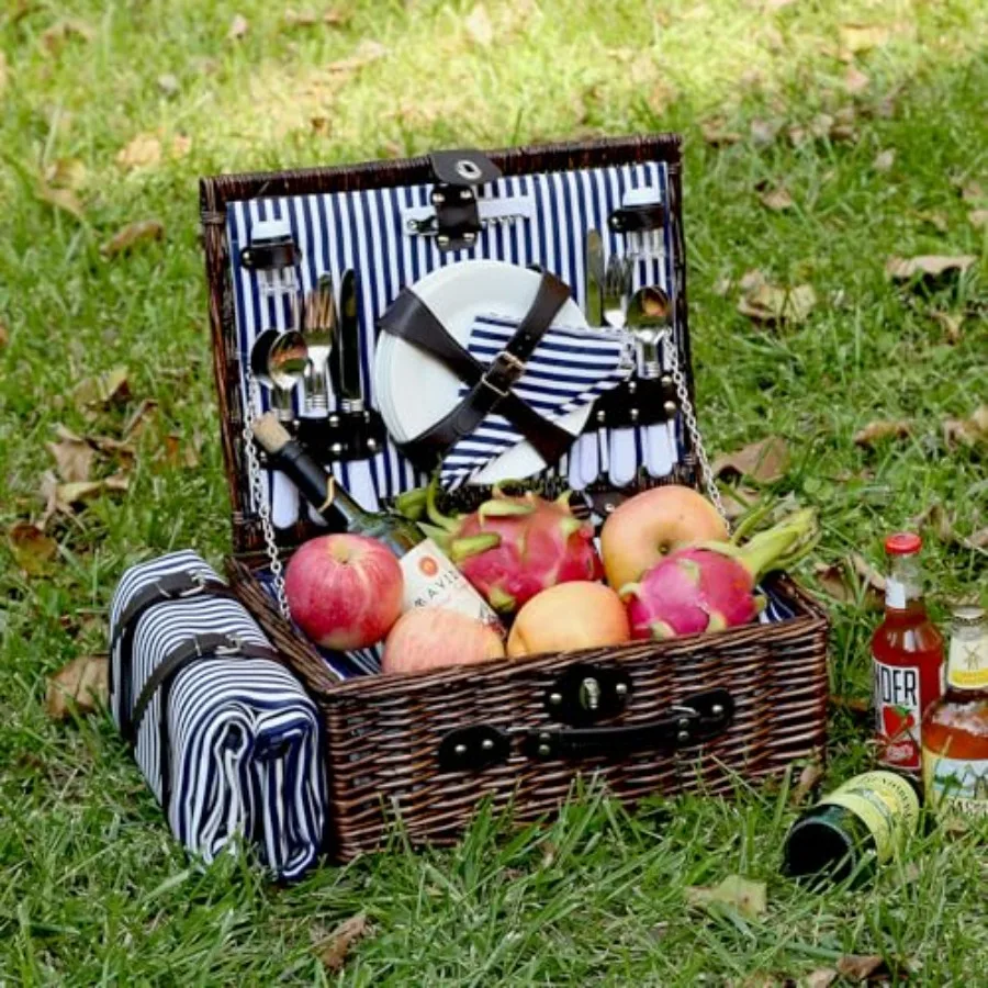 Picnic Basket Set for 4 with Waterproof Blanket Mat Insulation Bag Wicker Navy Blue Vintage Classic Gift for Christmas Thanksgi view 4