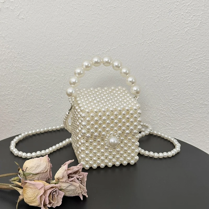 Elegant White Silver Beaded Small Square Clutch Bag Removable Pearl Chain Strap Women Evening Handbag