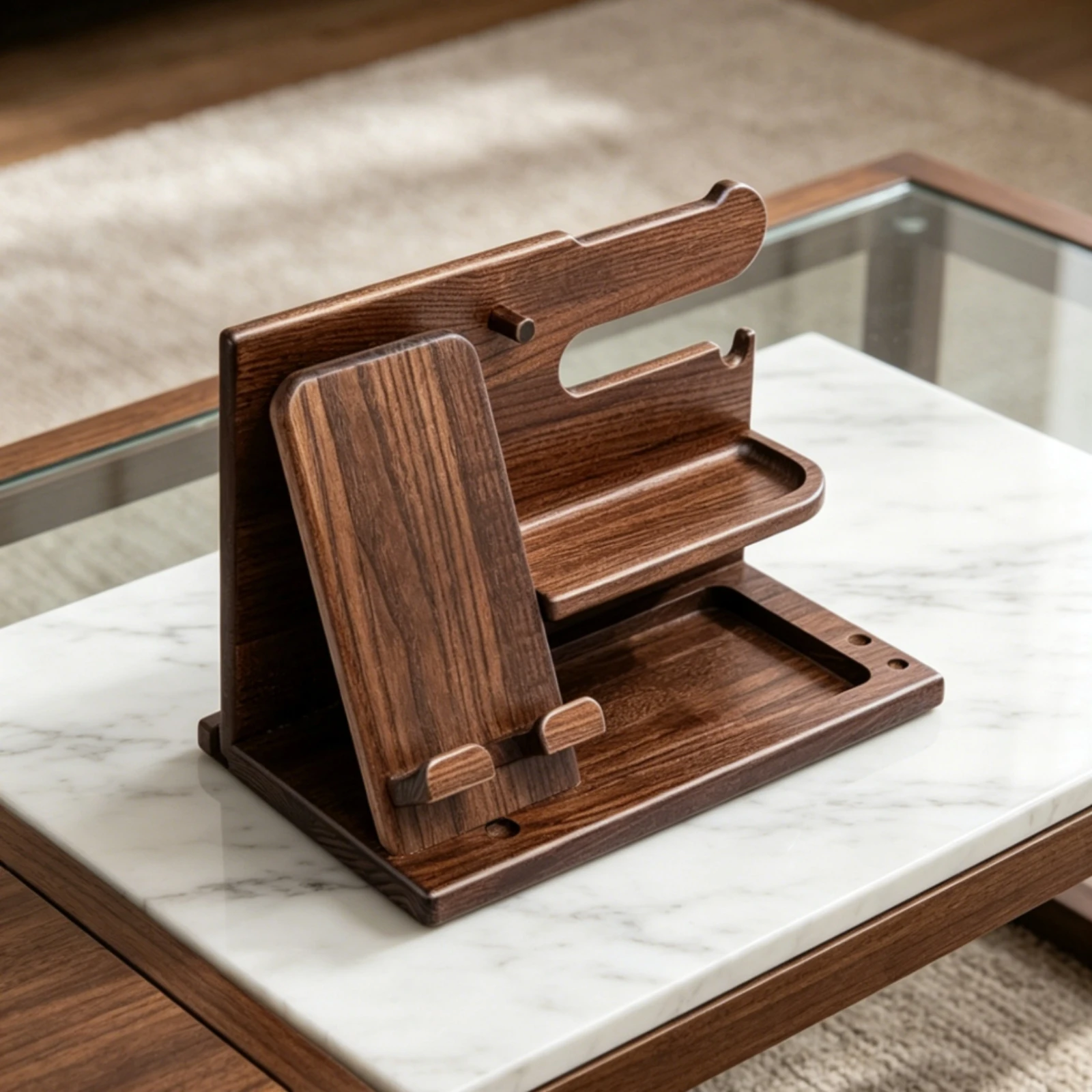 Bedside Valet Tray Multi-Compartment Wooden Phone Dock Desktop Gadget Holder Versatile Nightstand Organizer Easy to Assemble