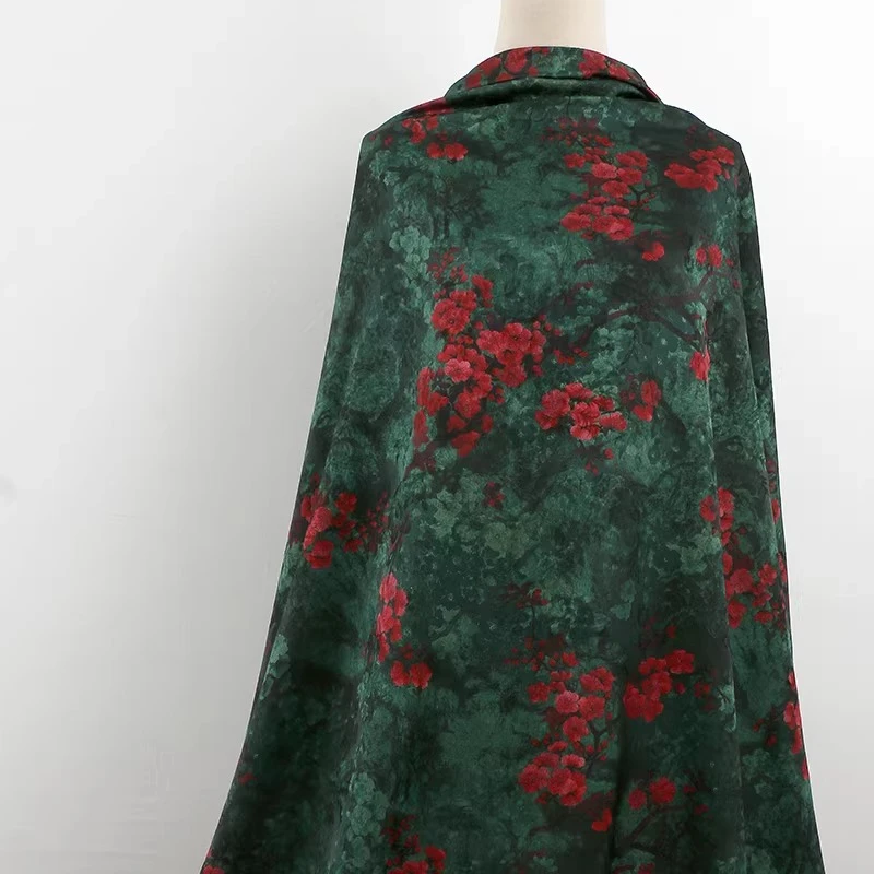 L100XW165CM Qipao Dress Traditional Chinese Heavy Weight Red Cloud Gauze Fabric Prosperity Blossom Print Women Girls Clothing
