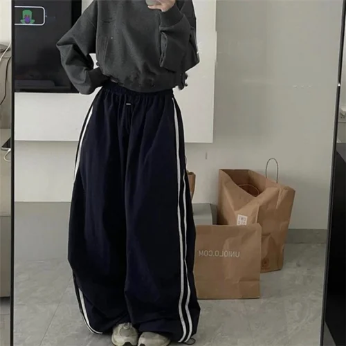Imagen 1 del producto Pantalones holgados Vintage Harajuku para mujer, pantalones de pierna ancha elásticos de cintura alta con bolsillo a rayas, pantalones de chándal informales de calle alta