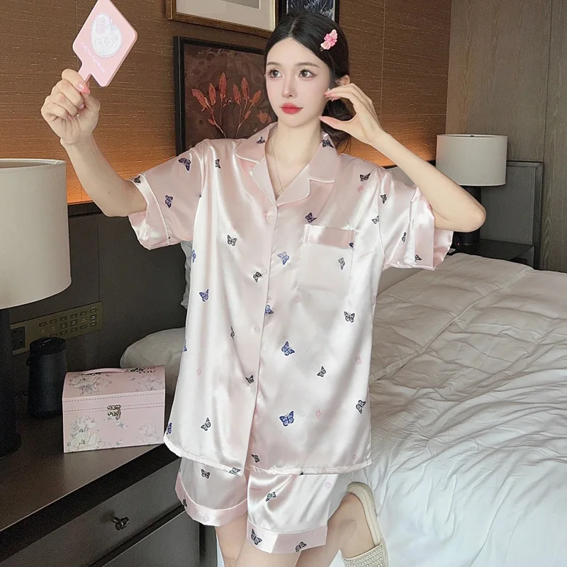 Pink Butterfly Print Satin Pajama Set for Women Comfortable Sleepwear Loungewear