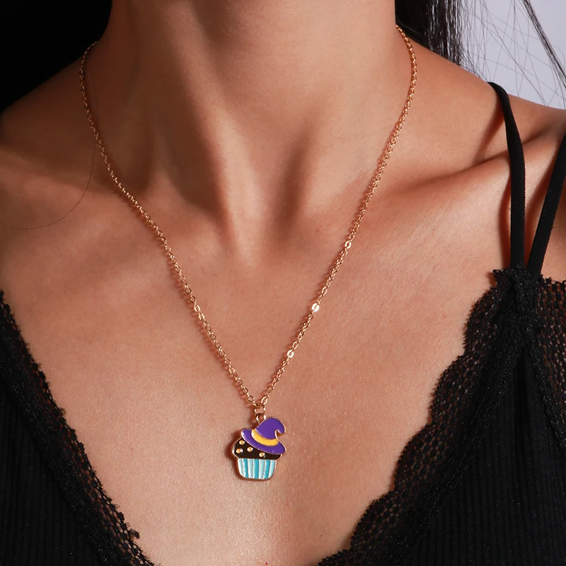 Aihua 4-teiliges Set mit niedlichen Halloween-Halsketten aus Emaille: Kürbis, Fledermaus, Mumie, Hexe, Skelett, Augapfel-Halskette für Damen, Halloween-Party-Schmuck – Detail 3