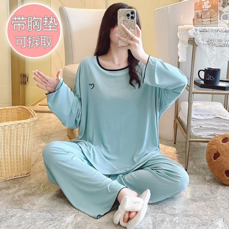 

100kg Plus Size Modal Spring Pajamas Women Chest Pad Long Sleeve Tops Pant Suit Solid Modal Soft Sleepwear Loose Home Clothes