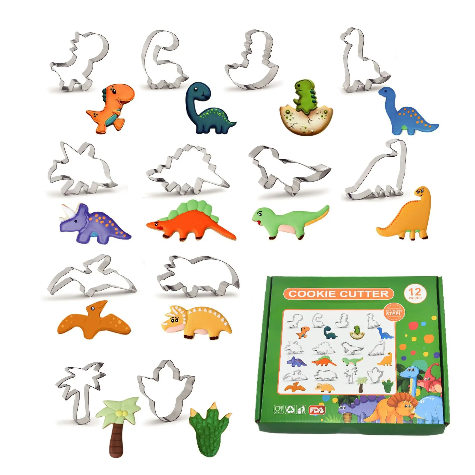 

Cartoon Dinosaur Series 12 Piece Set Stainless Steel Cookie Cutter Mold Set Animal Cake Die Children DIY Baking Kitchen Tool