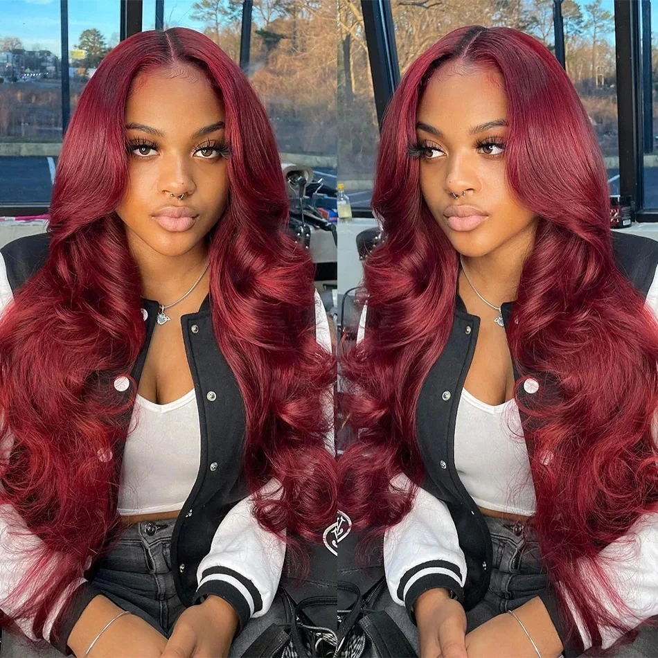 99J Burgundy 13x6 210 Density HD Lace Frontal Human Hair Body Wave 40 Inch 13x4 Lace Front Wig HD Transparent Wine For Women