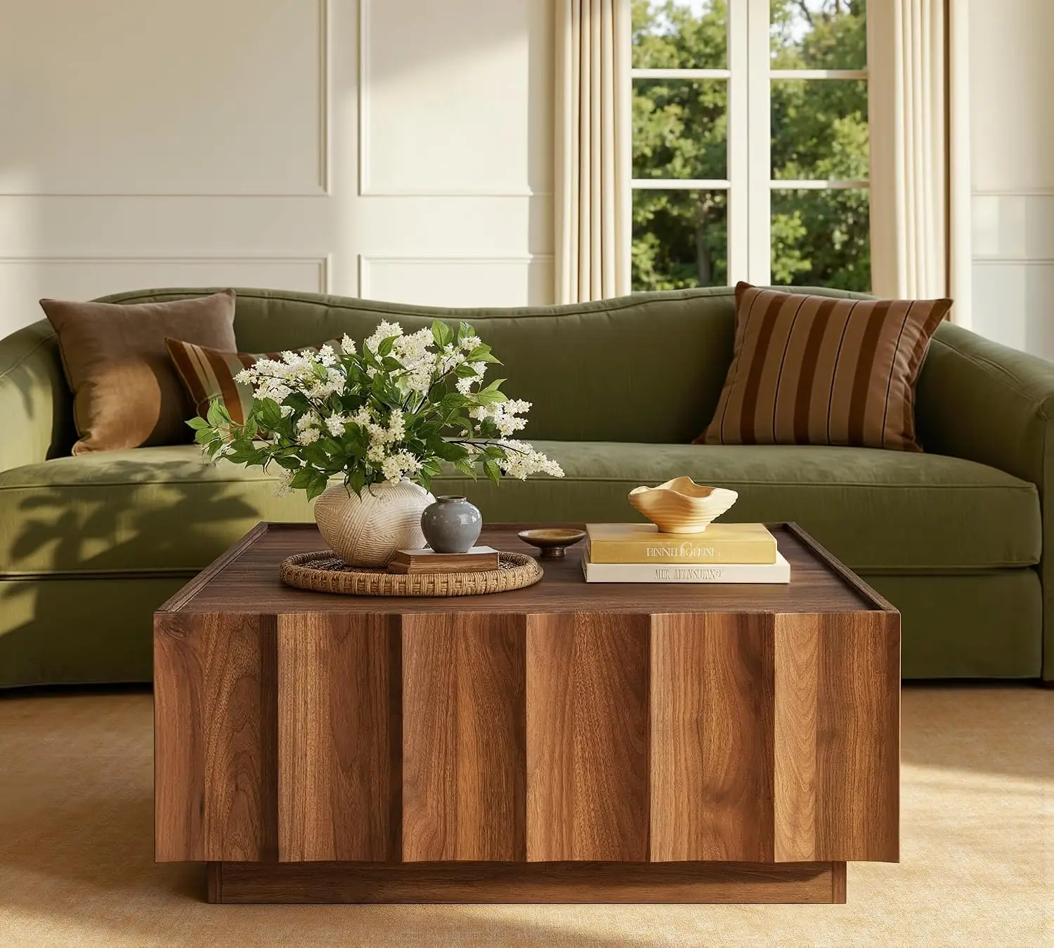 Square Coffee Table Wave Design Storage Walnut, Customized