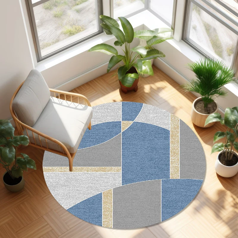 Modern Neutral Geometric Round Rug, Non-Slip Washable Floor Mat, Soft Abstract Area Rug for Living Room Bedroom