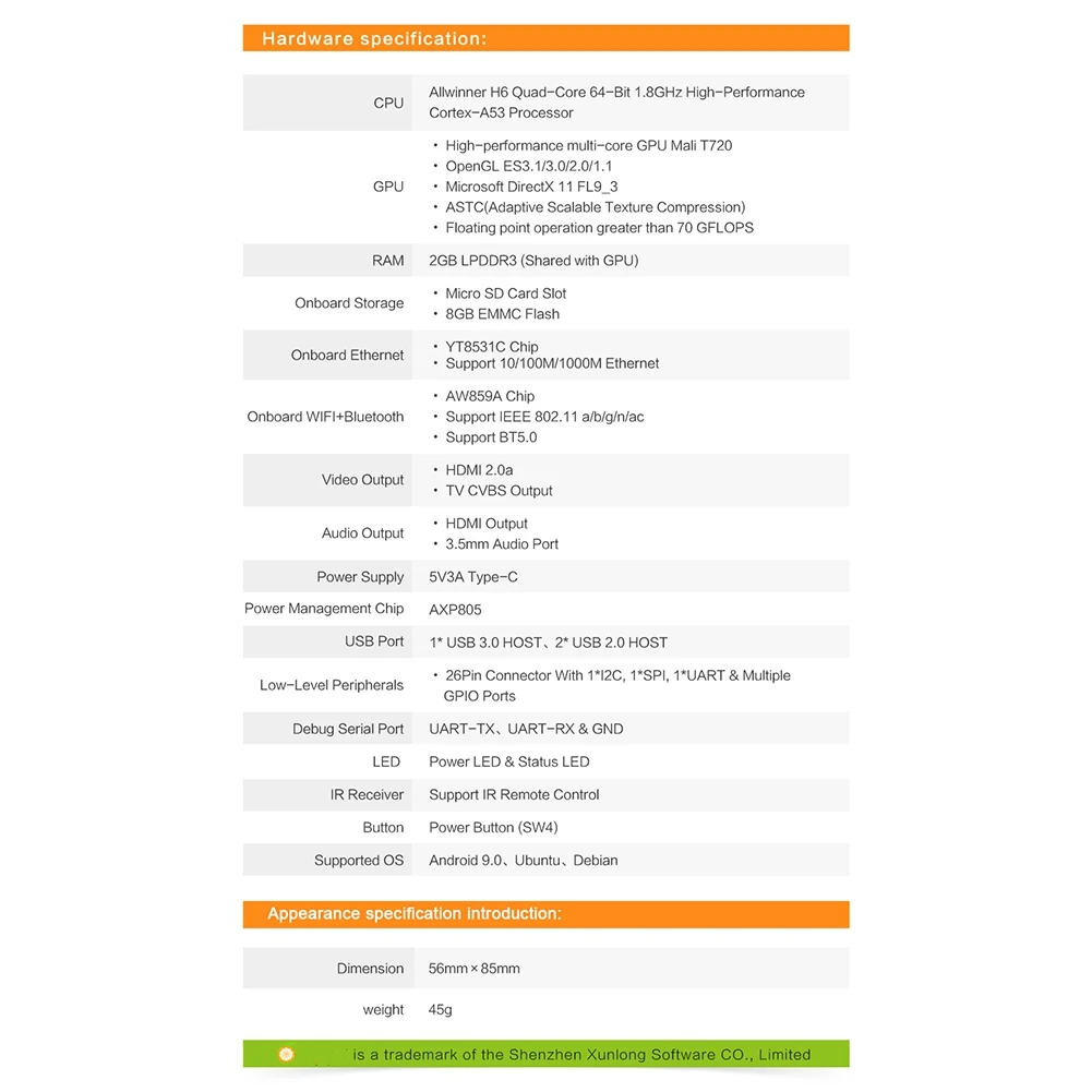 

For Orange Pi 3 LTS Development Board 2G8G EMMC With +BT5.0,Allwinner H6 Soc,Open Source Board Computer,Run Android