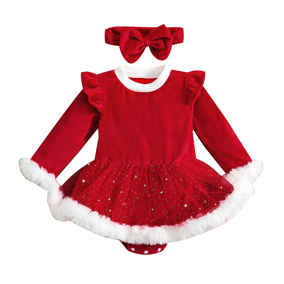 

Детские новогодние комбинезоны, платье для рождественской вечеринки, боди для новорожденных, сетчатые боди с длинными рукавами и звездами для маленьких девочек