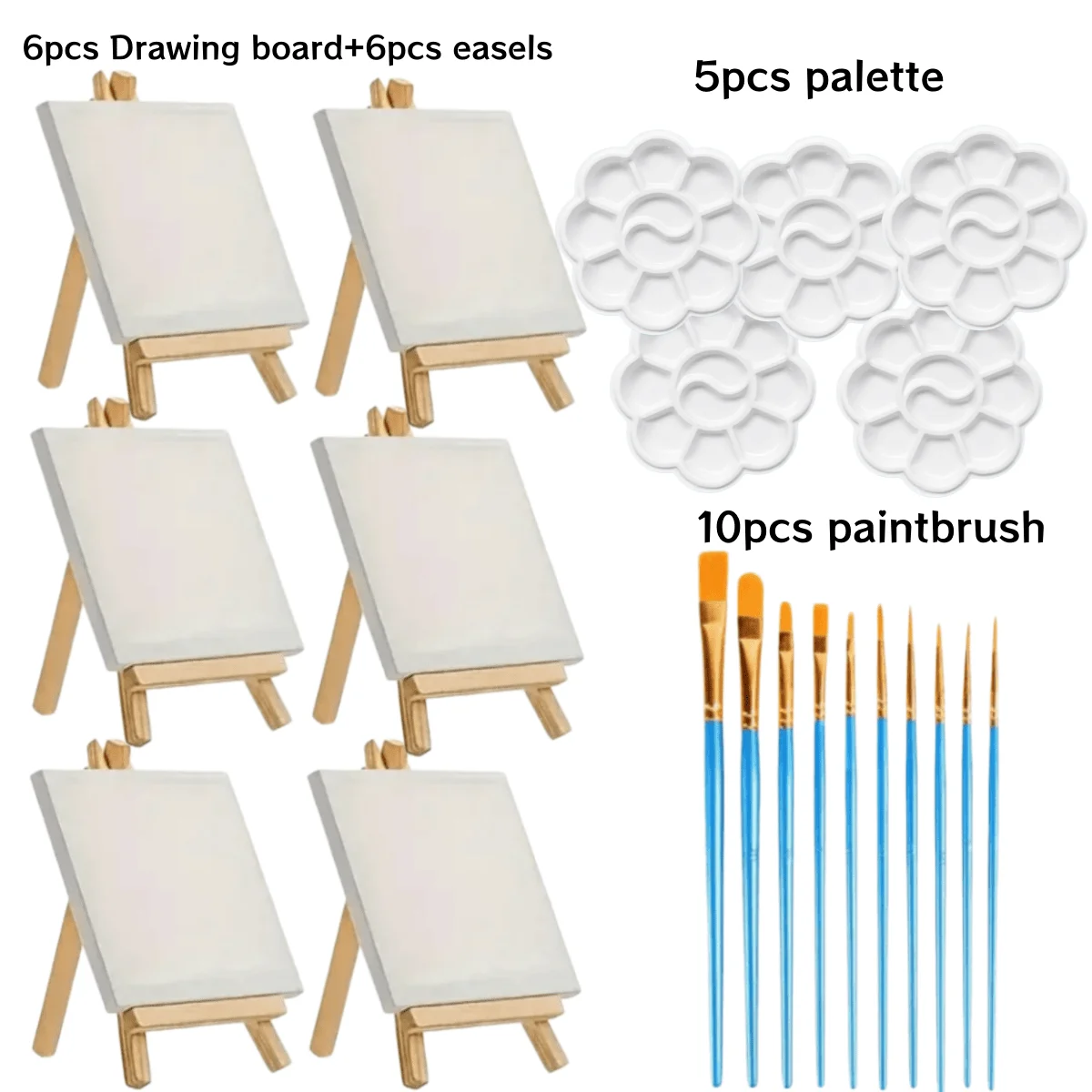27pcs/Set (6pcs Canvas + 6pcs Easel + 10pcs Paint Brushes + 5pcs Palette) Painting Supplies Kit, Blank White Mini Canvas, Wooden Easel, Brushes, Palette For DIY & Watercolor Painting Practice, Easy To Clean And Reuse,Back To School SS25012435615639366