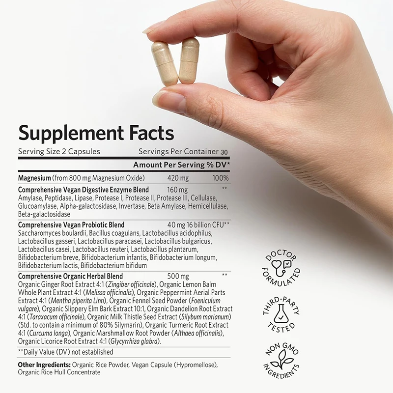 Natural Bloating Relief, Intestinal Health, Digestion, 4-in-1, Digestive Enzymes, Magnesium, Vegan, 60 Capsules