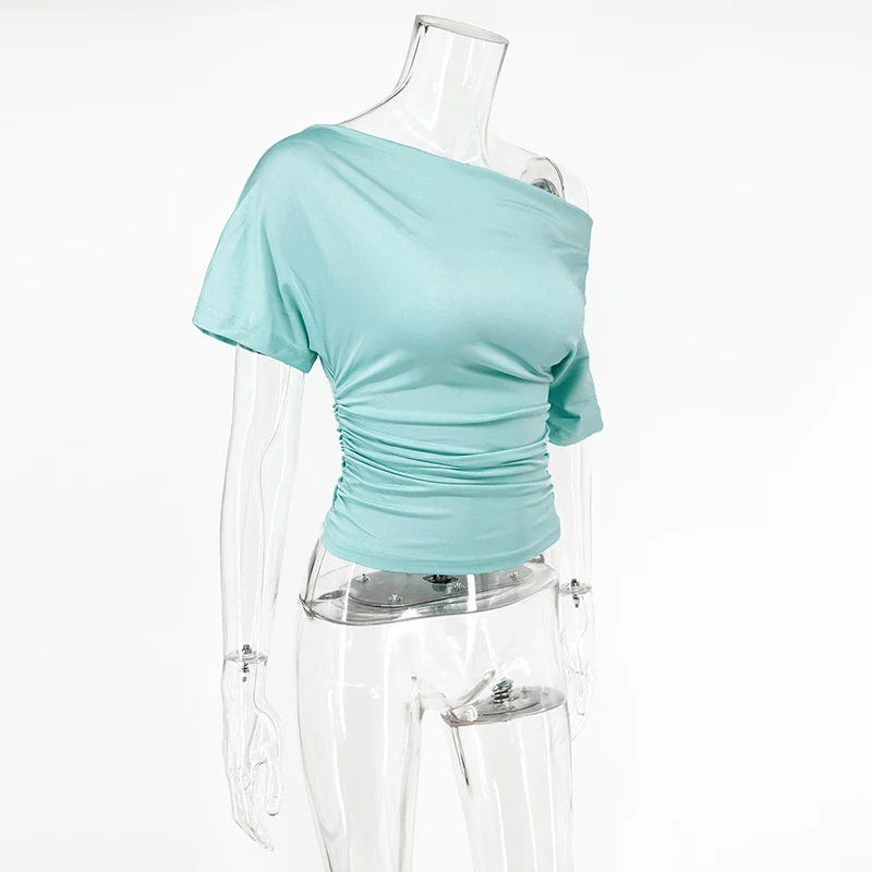 Tornova 2026 Sommer Gerafftes T-Shirt für Damen – Heißes schulterfreies Slim-Top für Club-Partys, sexy Kurzarm-Oberteil, einfarbig, Y2K-Stil – Detail 4