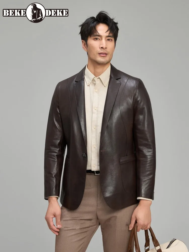 

Office Men Genuine Leather Suit Jacket Single Button Slim Fit Vintage Goatskin Blazers Elegant Work Business Casual Mens Coats