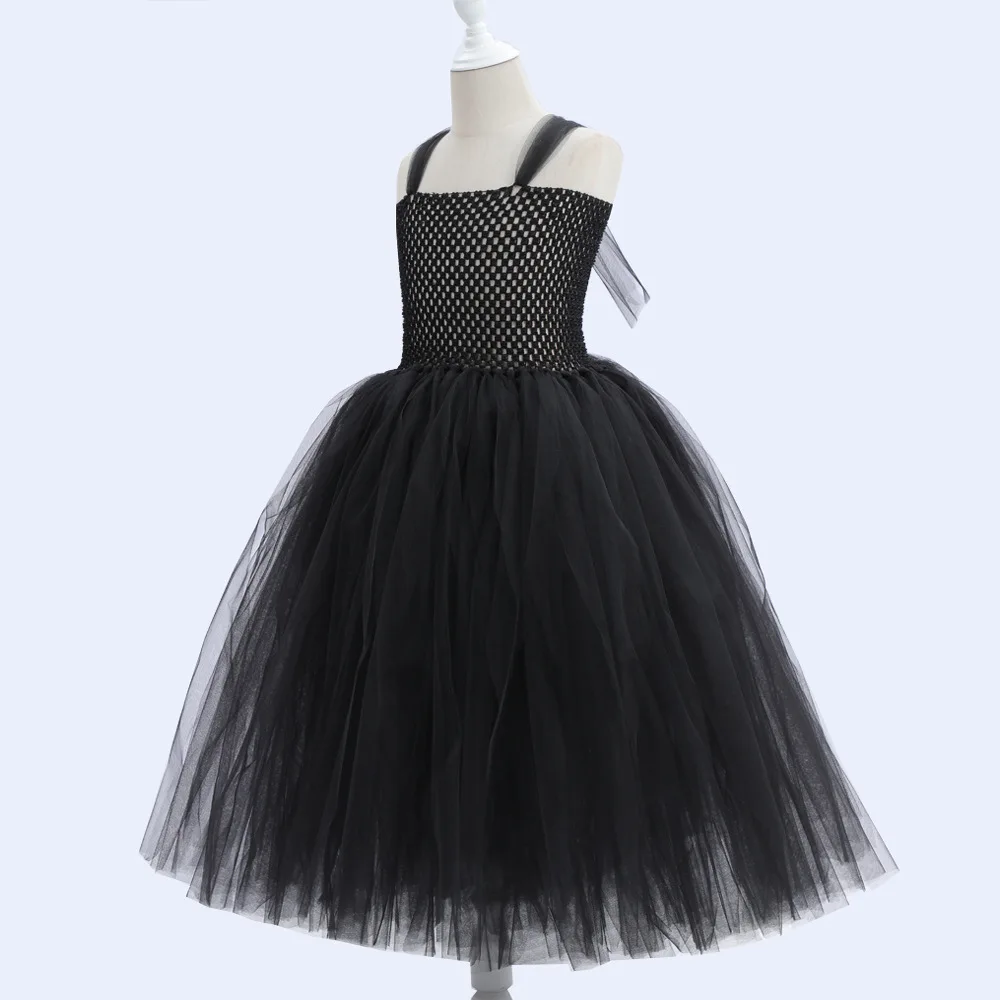 Kids Role Play Dress Girls Dark Angel Cosplay Tulle Dress with Horn Wings Gothic Halloween Fancy Costume for Party Dress Up image 5