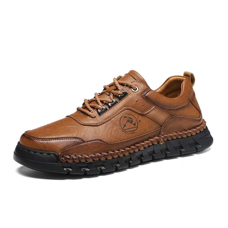 Trendy Men's Casual Leather Shoes Hand-stitched Genuine Leather Outdoor Hiking Shoe Non-slip Wear-resistant Business Casual Shoe