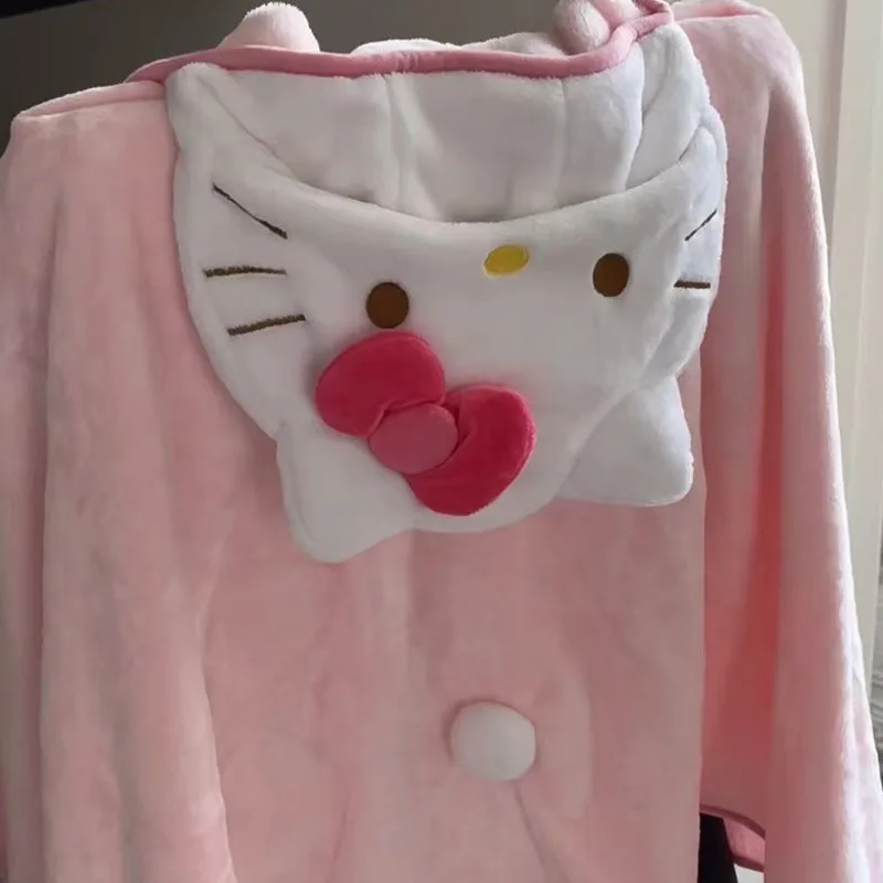 New Cartoon Cute Pink Hello Kitty Kitten Cloak Casual Home Plush Fuzzy Napping Dormitory Air Conditioning Hooded Blanket