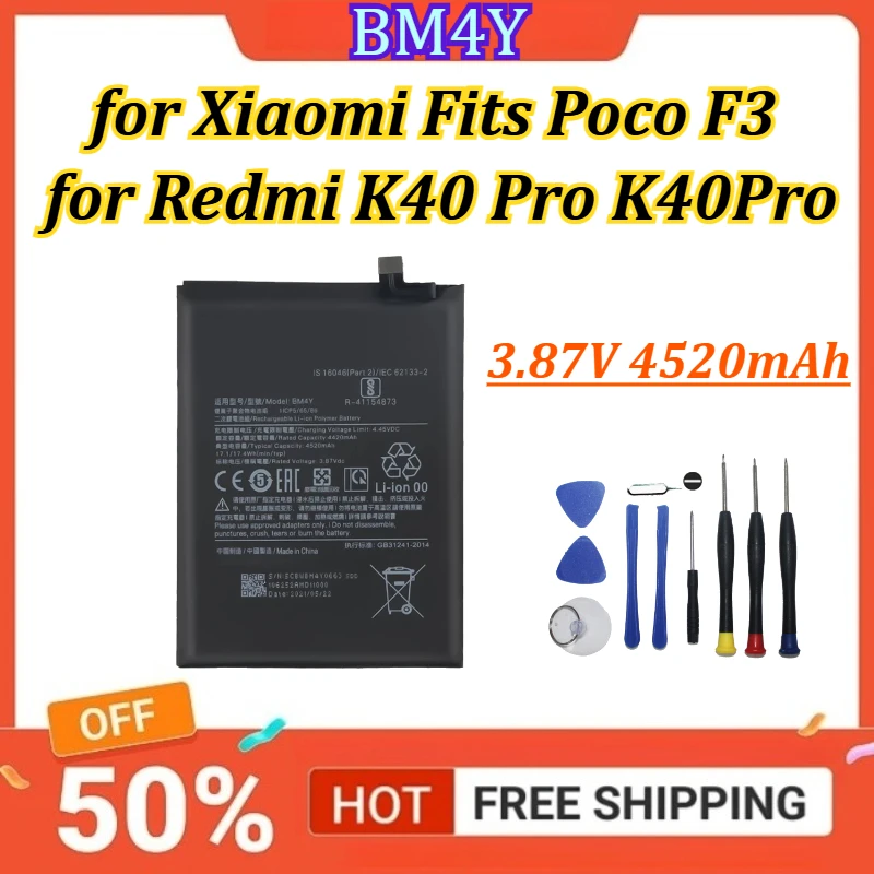 BM4Y 3.87V 4520mAh Mobile Phone Battery for Xiaomi Fits Poco F3 for Redmi K40 Pro K40Pro +Tools