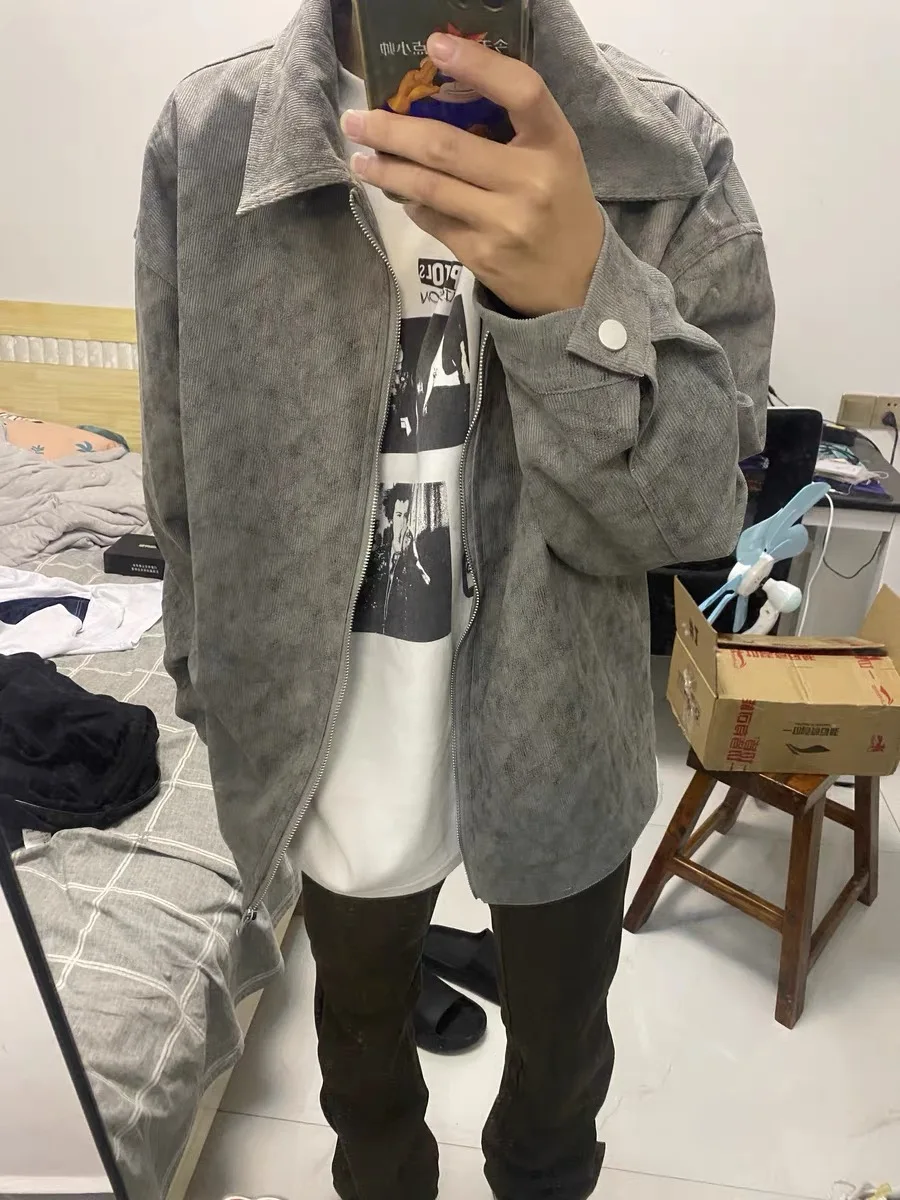 

Куртки женские осенние американские ретро уличная рабочая одежда модный дизайн повседневные свободные топы на молнии пара пальто с отложным воротником