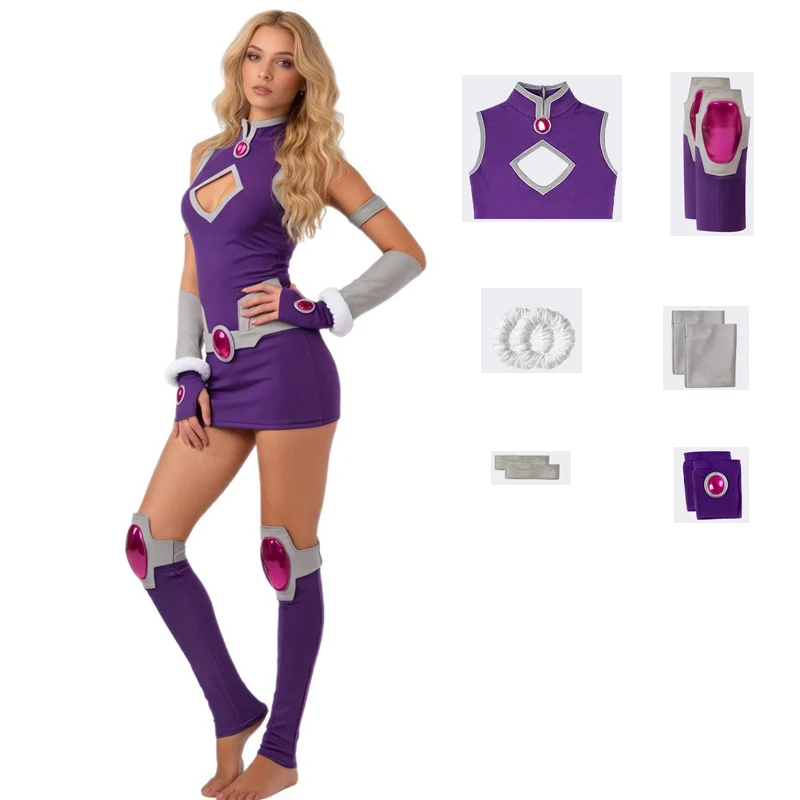 costume-cosplay-starfire-teen-titans-serie-animata-classica-2003-set-completo-viola-koriand'r-per-donna-adulta-con-protezioni-braccia-guanti-e-protezioni-gambe-per-fiere-del-fumetto-e-halloween