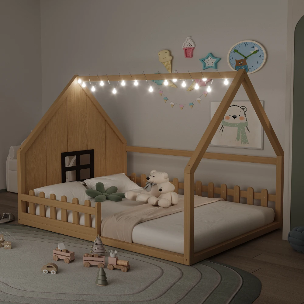 

Full Size Wood House Bed with Window and Fence, Natural