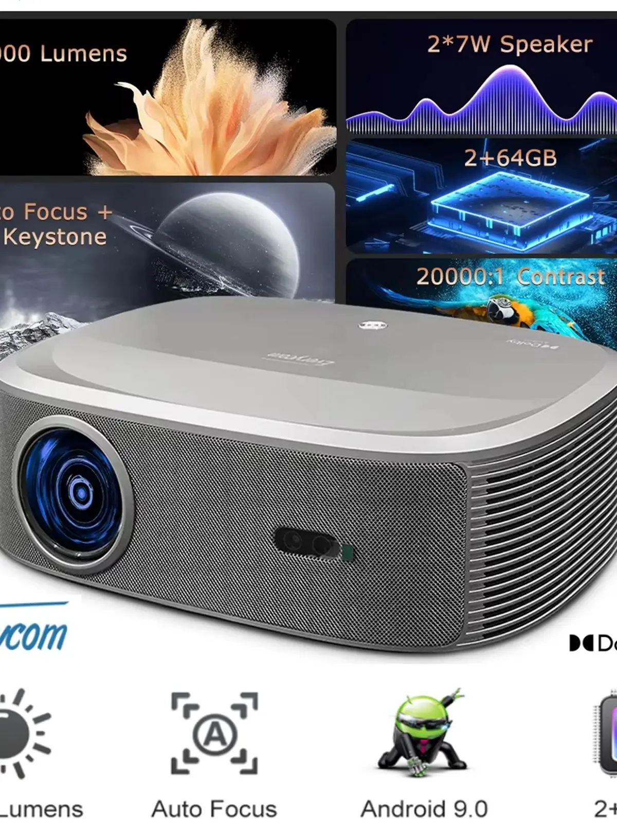Everycom HQ11W 3600 ANSI 4K-Dekodierung 15dB Full HD 2.1 Projektor Android 15 3G+64G 15dB Ultra-Niedriggeräusch für Heimkino WLAN6 Smart TV Outdoor-Filmprojektor Beamer