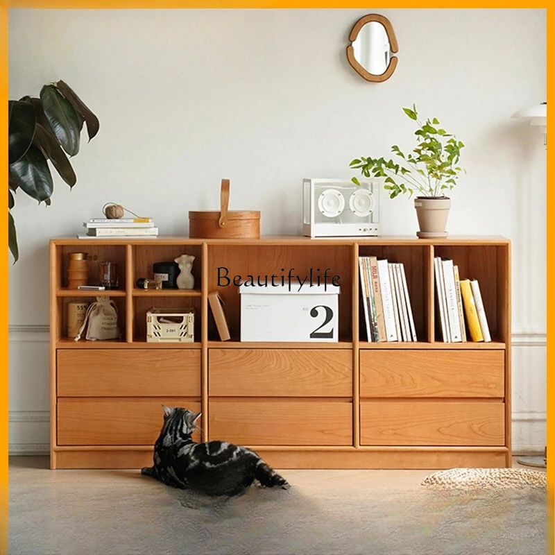 

Nordic solid wood floor-to-ceiling bookcase, cherry wood side cabinet