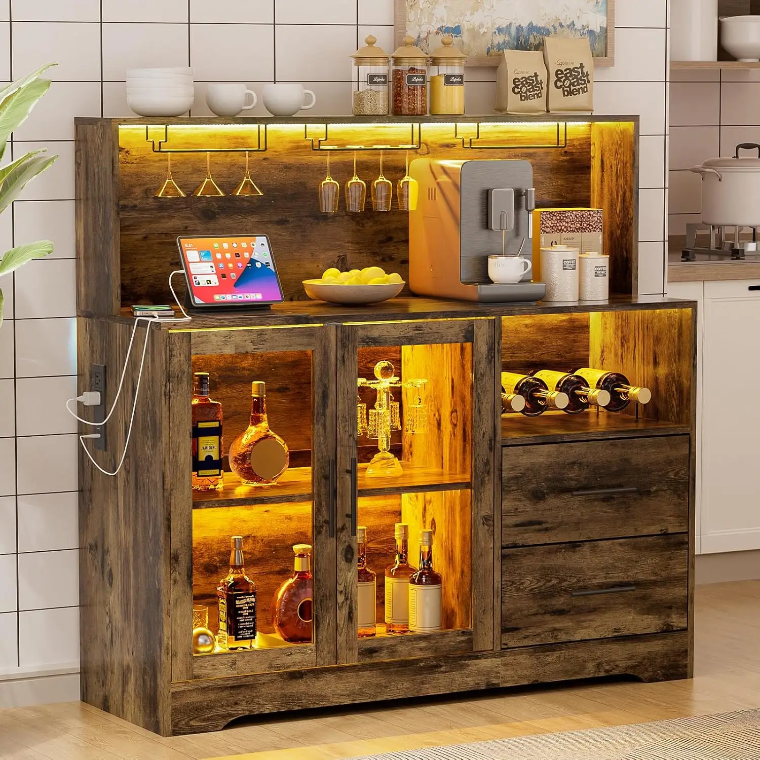 Wine Bar Cabinet with RGB Light & Wine Rack, Glass Holder, USB Outlet & Drawers for Home Kitchen Living Room, Customized