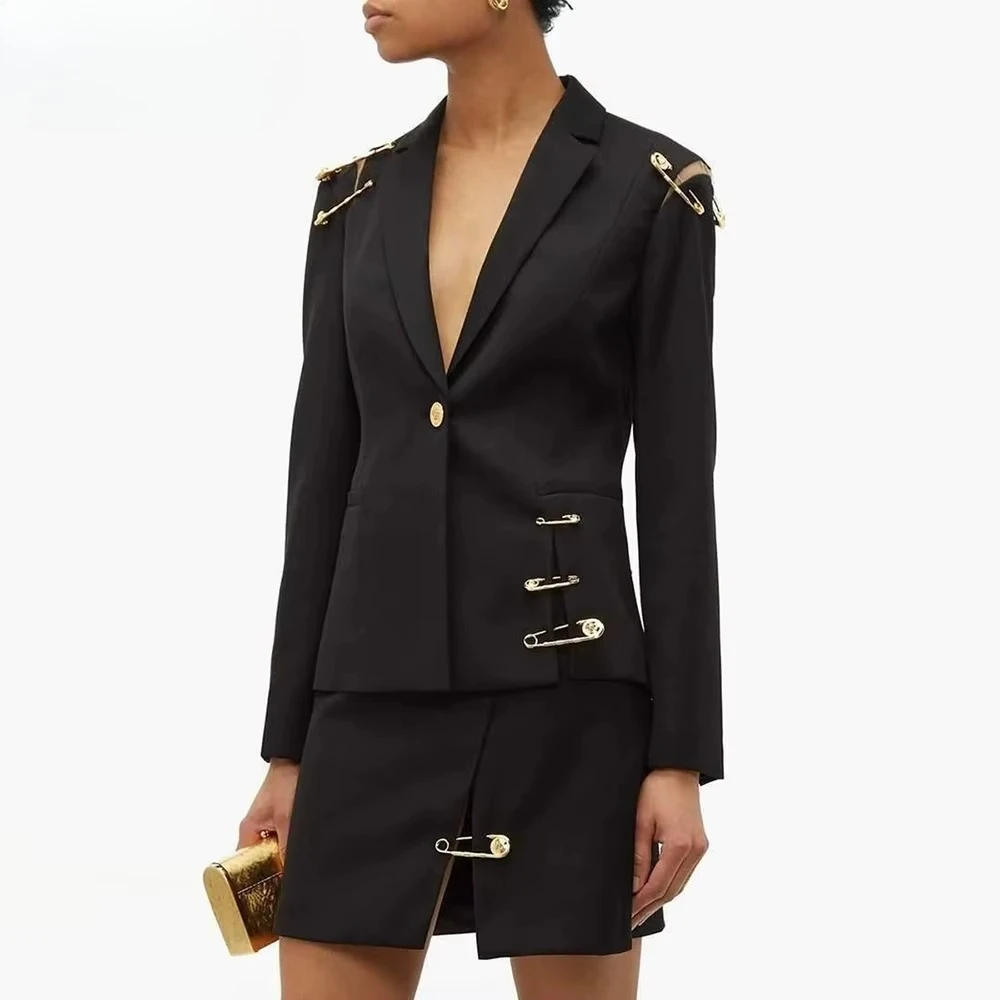 Women Notched Collar Long Sleeve Patchwork Mesh Hollow Out Fashion Jacket Female Chic Spliced Metal Pin Slimming Blazer for