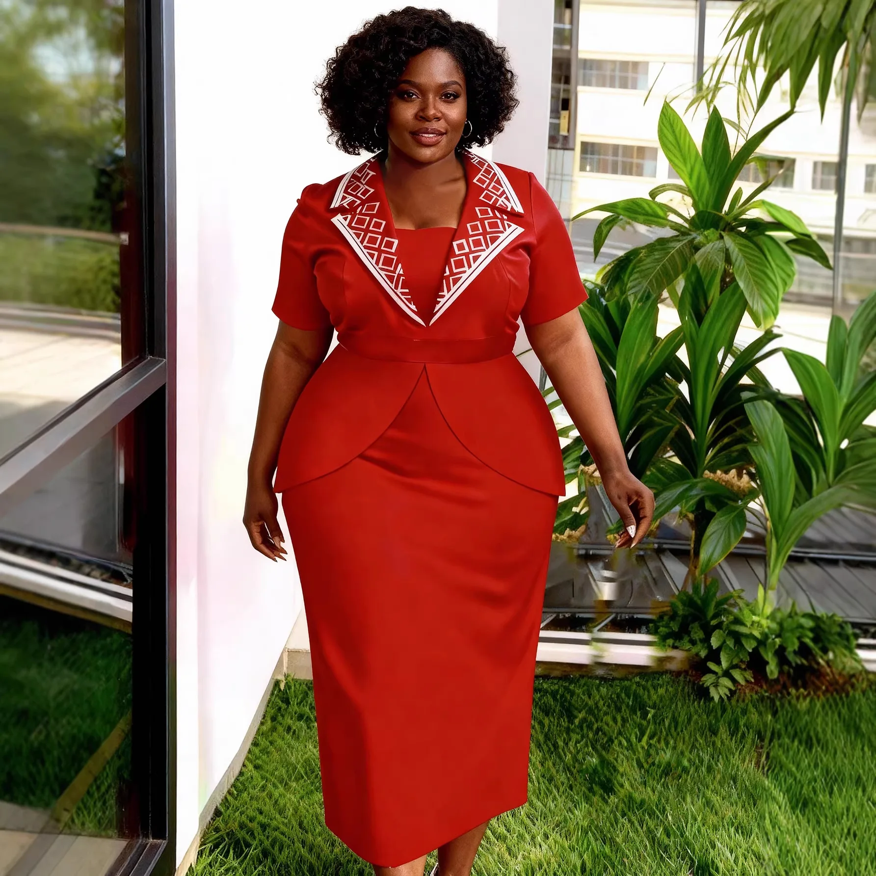 

Plus-size Women's Red Collared Dress, Short-sleeved, Waist-cinching, Slimming, Bodycon, Elegant, Suitable For Parties And Work