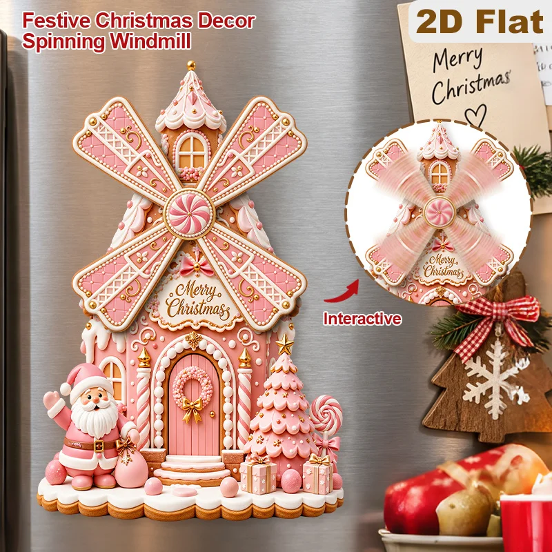 Pink Santa Claus Candy House Fridge Magnet 2D Flat Interactive Rotatable Windmill Wooden Christmas Theme Kitchen Decor