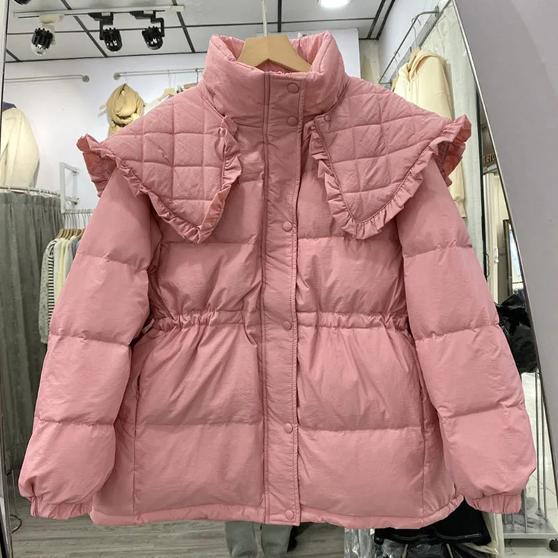 2022 Women Autumn Winter Loose Padded Zipper Solid Color Short Jacket Stand Doll Collar Casual All Match White Duck Down Coat