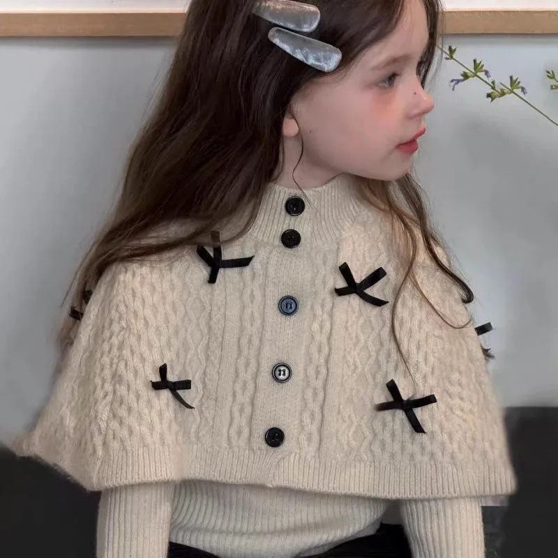 Spring and Autumn Girls' Korean Version Bow Cloak Sweater Children's Western Knitted Sweater Coat Top
