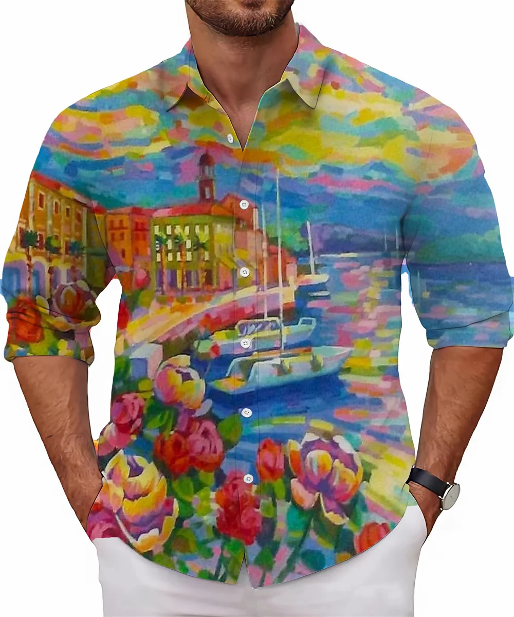 New style printed landscape graphic shirt men's long sleeve casual shirt fashion street high-end large size men's clothing 6XL