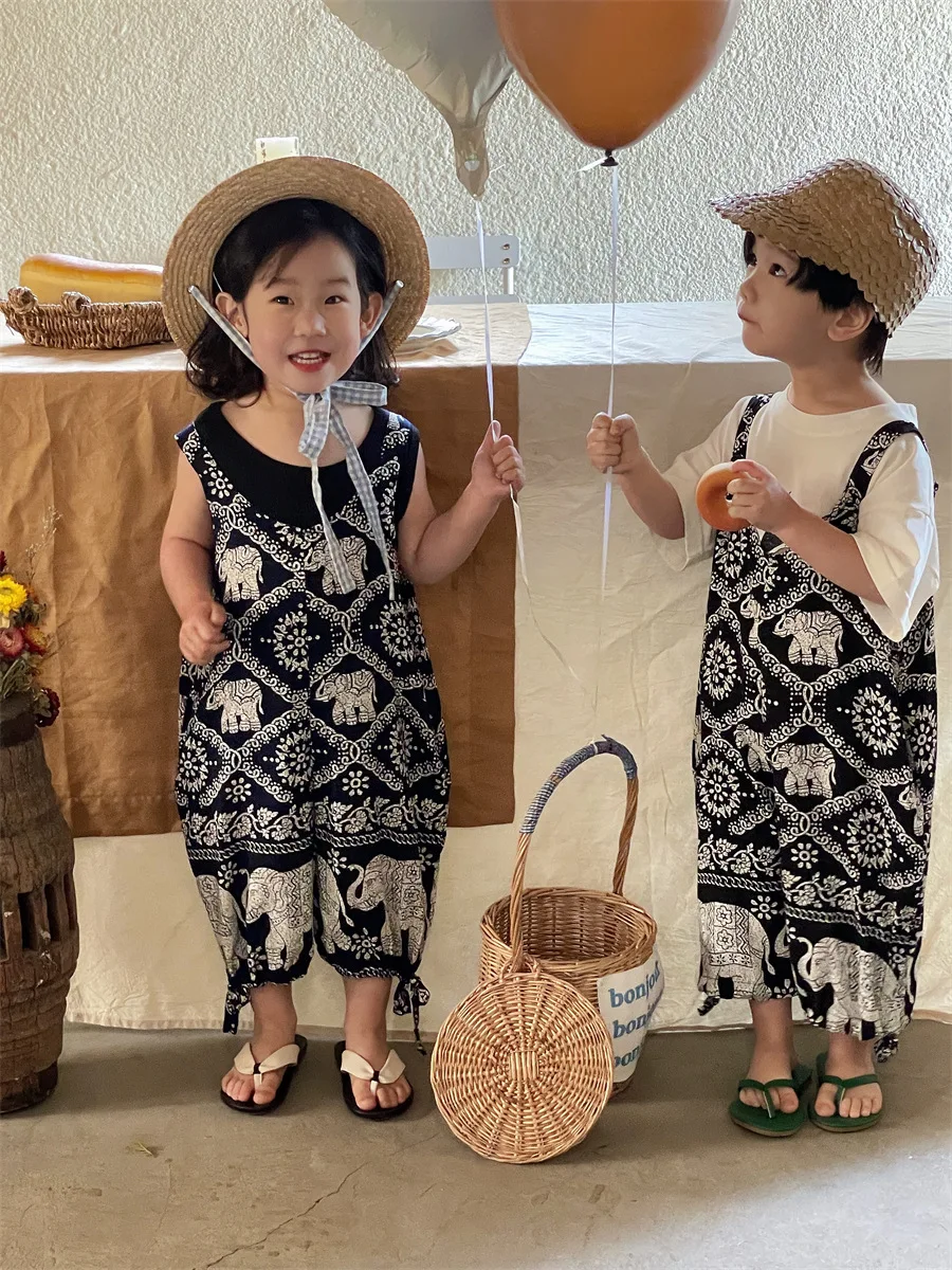 

Children Clothing Kids Pants Spring Summer 2023 Retro Baby Loose Thin Style Jumpsuit Suspenders Casual Simple Printed Pants