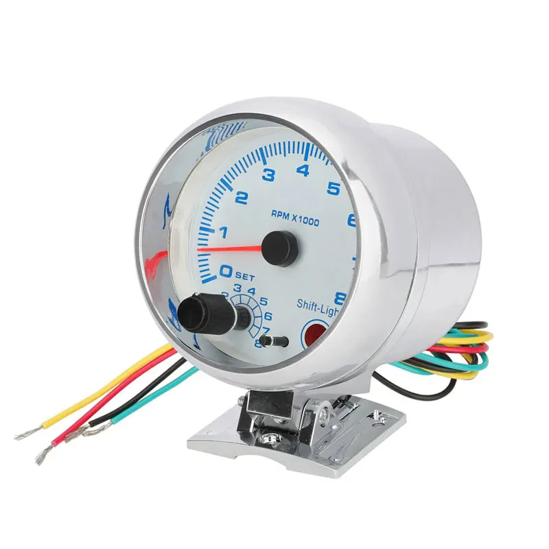 3.75'' Car Universal Silver Tachometer Gauge Blue Inter Shift Light 0-8000 RPM Tachometer Gauge Measurement Range Is 0~8000RPM