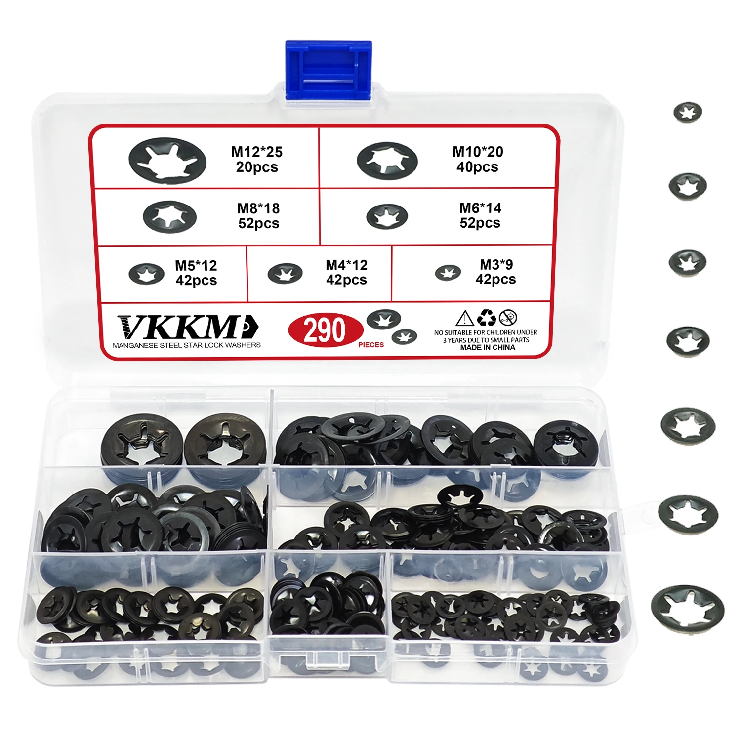 

VKKM-290PCS (M3-M12) Black Outer Ring Self-locking Clip Push Shaft Bearing Retaining Ring Star Nut Locking Kit