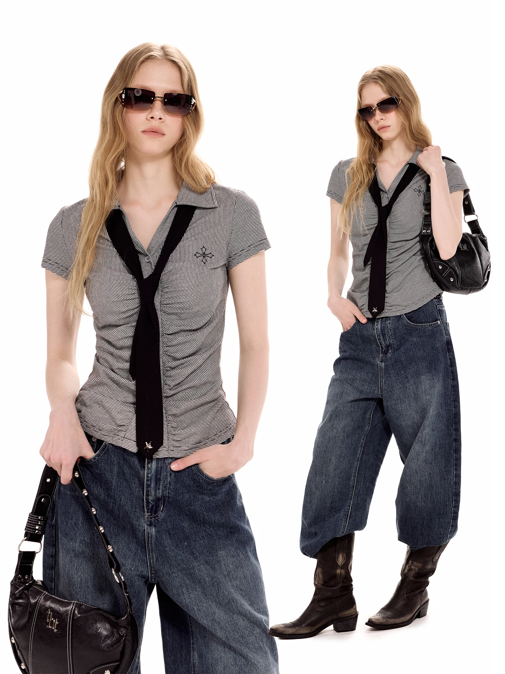 

Женская приталенная блузка Ich Mode с V-образным вырезом, коротким рукавом, в полоску, с завышенной талией, в винтажном стиле, летний дизайн